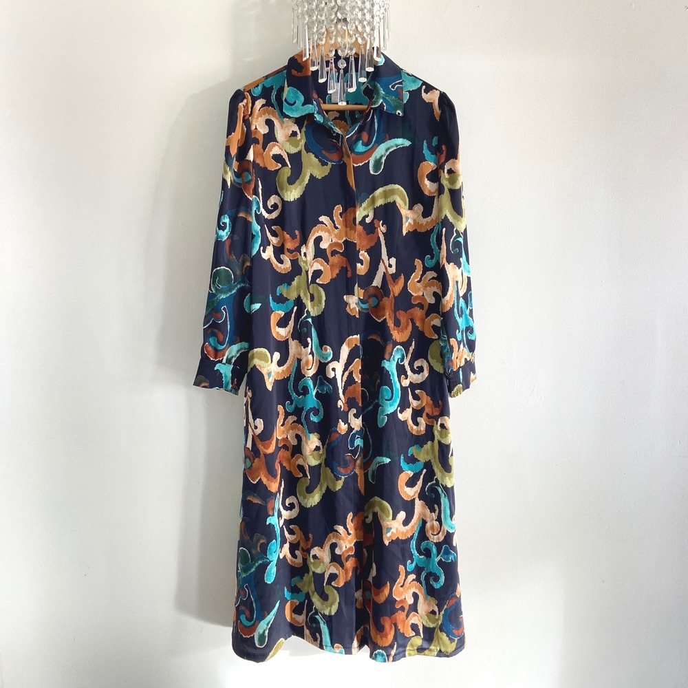 Chicos Abstract Scroll Print Midi Shirtdress‎ Navy Blue Orange Teal Size 1 US 8